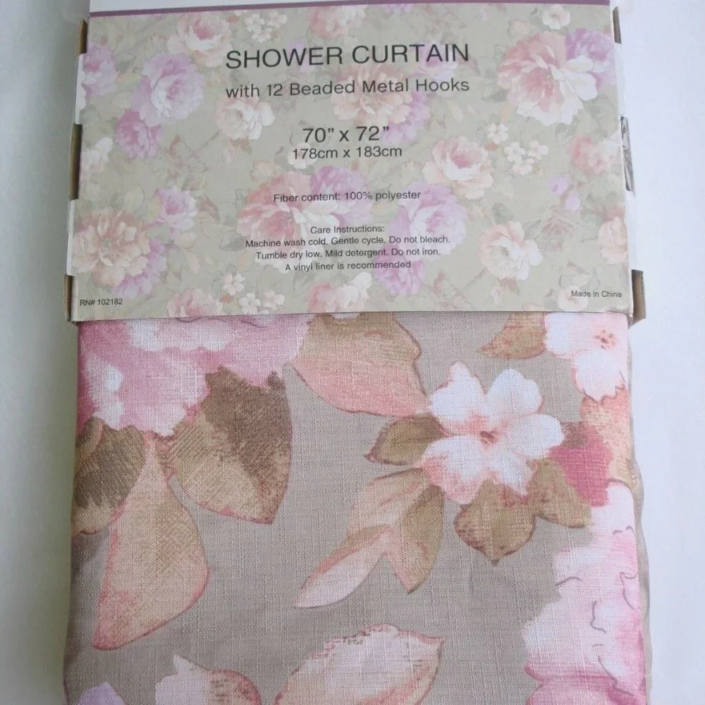 NEW Floral Shower Curtain Set with Roller Ball Beaded Rings Beige Floral Cottage